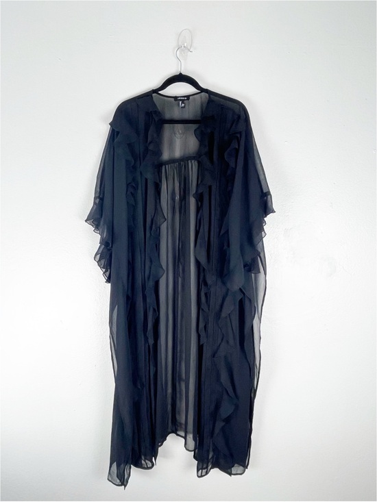 torrid Sweaters - TORRID Black Sheer Ruffle Trim Sleeves Kimono Cardigan Size 3X/4X Boho